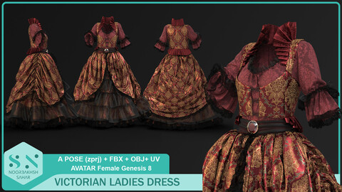 VICTORIAN LADIES DRESS (CLO3D, MD PROJECTS (zprj)A POSE+OBJ+FBX+UV)