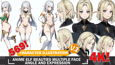 569 Anime Elf Beauties Multiple Face Angles and Expressions Diverse Character Reference Art V2 4K