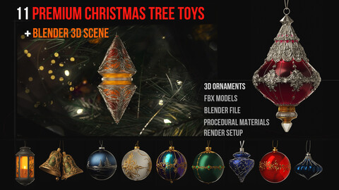 11 Ornamented beautiful Christmas tree toys. Nice render scene included. Blender file + procedural materials.