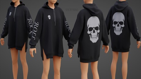 Women's Oversized Graphic Print Hoodie – Grunge Sweater Dress Gothic Sweatshirt Streetwear 3D Model