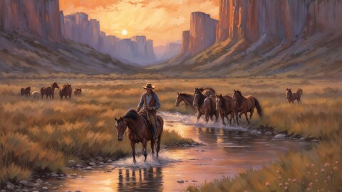 Cowboy's Journey: Sunset in the Wild Frontier