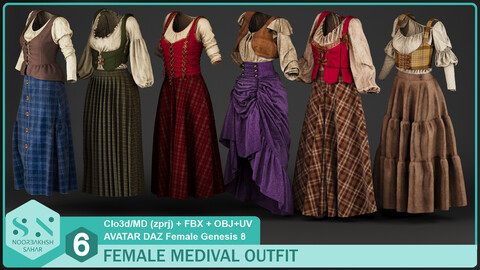 6 MEDIVAL WOMAN'S OUTFIT (CLO3D, MD PROJECTS (zprj)+OBJ+FBX+UV+3DsMAX (max))