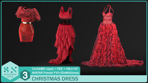 3 CHRISTMAS DRESS  (CLO3D, MD PROJECTS (zprj)+OBJ+FBX+UV+3DsMAX (max))