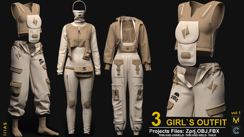 GIRL`S  OUTFIT VOL 1 (CLO3D AND MARVELOUS DESIGNER) ZPRJ, OBJ, FBX, UV