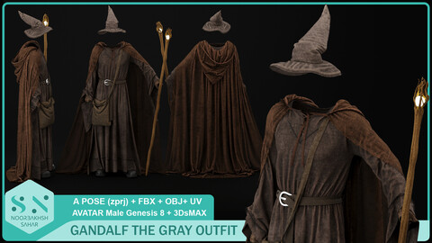 GANDALF THE GRAY OUTFIT (CLO3D, MD PROJECTS (zprj)+OBJ+FBX+3DsMAX (max) APOSE)