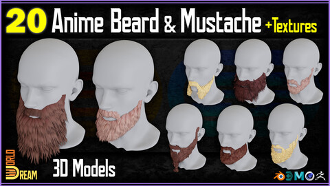 20 Anime Beard and Mustache 3D Models