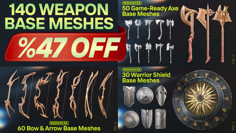 Lowpoly BUNDLE: 140 Game-Ready Weapon Base Meshes (%47 OFF)