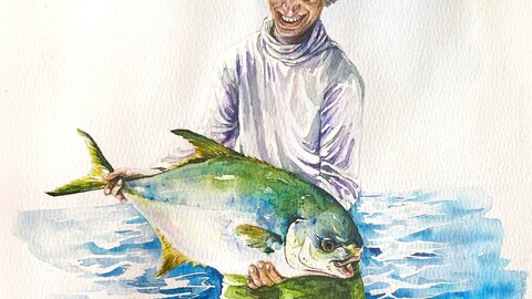 Happy Fisherman - Watercolor hand painted illustration