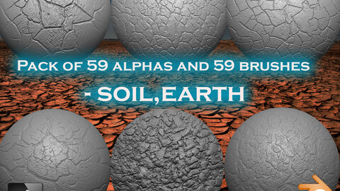 Pack of 59 alphas and 59 brushes - soil,earth. brushes based on seamless textures