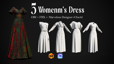 5 Women's Dress - Obj+Fbx+Zprj+Clo3d -- VOL01