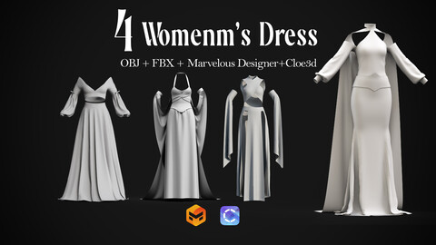 4 Women's Dress - Retopo (Obj+Fbx+Zprj+Spp+Blnd+3DsMax) -- VOL02