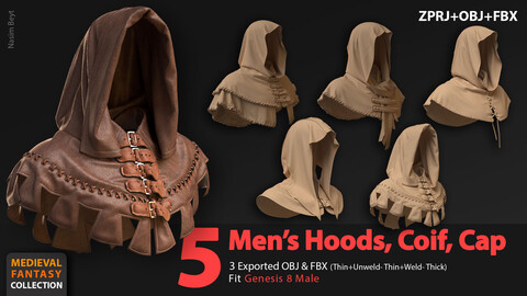 Medieval Collection: 5 Men's Hoods/ Coif (VOL.01). Marvelous Designer/Clo3D project file+OBJ,FBX