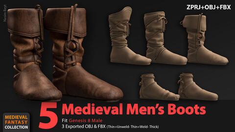 Medieval Collection: 5 Men's Boots (VOL.01). Marvelous Designer/Clo3D project file+OBJ,FBX