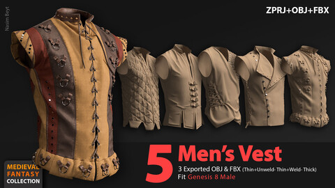 Medieval Collection: 5 Men's Vest Pack (VOL.01). Marvelous Designer/Clo3D project file+OBJ,FBX