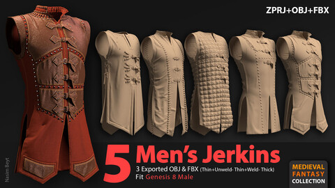 Medieval Collection: 5 Men's Jerkins Pack (VOL.01). Marvelous Designer/Clo3D project file+OBJ,FBX