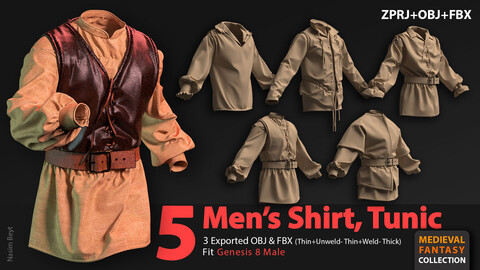 Medieval Collection: 5 Men's Shirt Pack (VOL.01). Marvelous Designer/Clo3D project file+OBJ,FBX