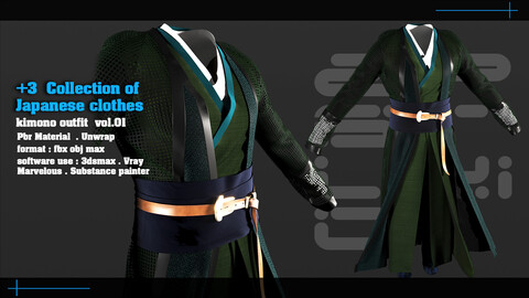 +3 Collection of Japanese clothes / kimono outfit  (vol.01)   Project Files-Fbx-obj-max