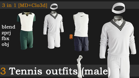 3 Tennis outfits(male)[fbx+obj+zprj+blend][md+clo]