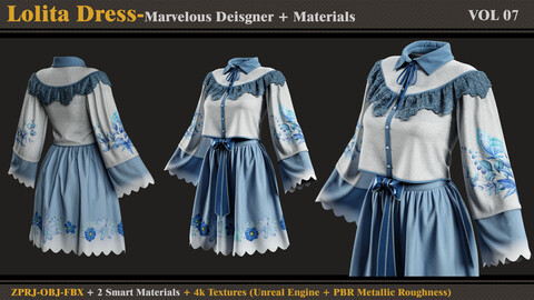 Lolita Dress -MD/Clo3d + Smart Material + 4K Textures + OBJ + FBX (vol 07)