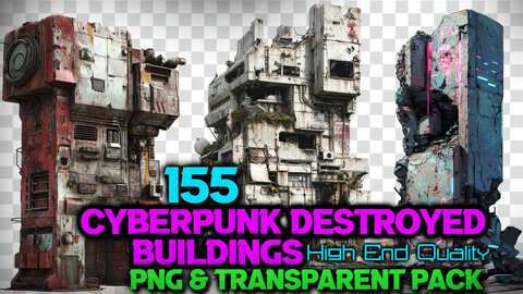 155 Cyberpunk Destroyed Buildings - Transparent ( PNG Files )-4K- High Quality