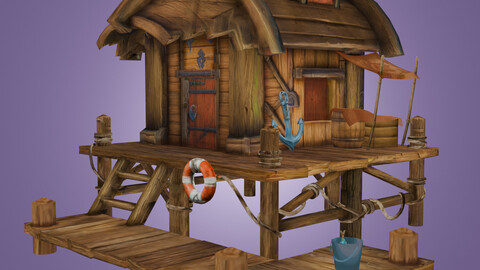 Stylized Cozy Wooden Dock House Game Ready Low-poly 3D model