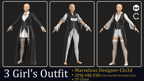 3 Girl's Outfit . Marvelous Designer /Clo3d (ZPRJ - OBJ - FBX )