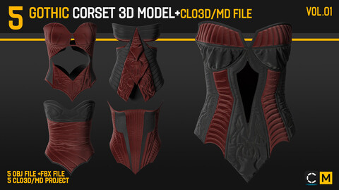 5 Gothic Corset 3D Model +MD/CLO3D File