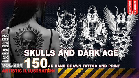 150 4K HAND DRAWN SKULLS AND DARK AGE DESIGN FOR TATTOO AND PRINT - ARTISTIC ILLUSTRATION - HIGH END QUALITY - (JPEG & TRANSPARENT PNG & ALPHA ) - VOL314