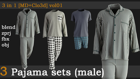 3 Pajama sets(male)[fbx+obj+zprj+blend][md+clo]vol01