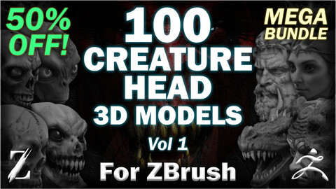 100 ZB ART Creature Head Sculpts (3D Base Model) - MEGA Bundle - Vol 1