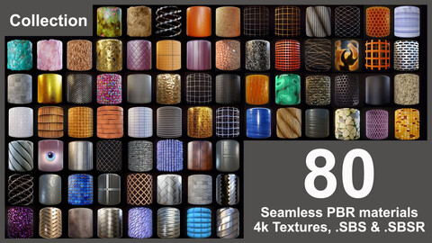 Collection of PBR Substance Materials and Textures (sbs, sbsar, stylized, realistic, food, stones, roofs, nets, hoses, fur, minerals)