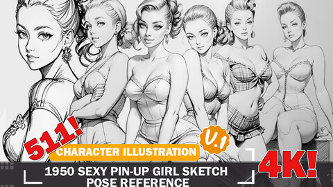 511 1950s Sexy Pin-Up Girl Sketch Pose Reference Diverse Outfit Character Design Reference Art V1 4K