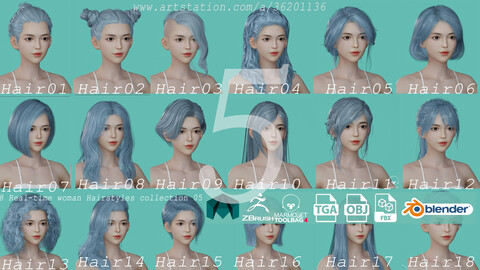 18 Real-time woman Hairstyles collection 05 hair anime head man male blonde brunette beautiful wig character hairstyle haircut human real time ingame unreal lowpoly