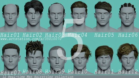 12 Real-time man Hairstyles collection 05 hair anime head man male blonde brunette beautiful wig character hairstyle haircut human real time ingame unreal lowpoly