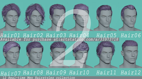 12 Real-time men Hairstyles collection 02 hair stylized anime head man male blonde brunette beautiful wig character hairstyle haircut human real time ingame unreal lowpoly