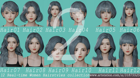 12 Real-time Women Hairstyles collection 02 hair head woman female blonde brunette beautiful wig character hairstyle haircut human real time ingame unreal lowpoly