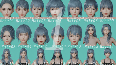 MODEL FREE!! 21 Real-time Women Hairstyles collection 01 lowpoly hair stylized anime head woman female blonde brunette beautiful wig female hair female character hairstyle haircut human real time ingame unreal