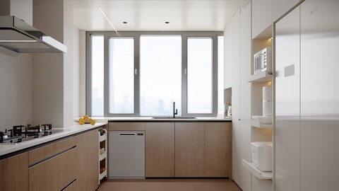 Modern cream style kitchen with hood and cooktop