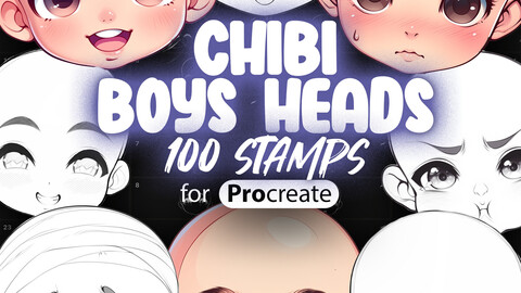 100 Procreate Chibi Boys Head Stamps | Procreate Chibi Boys Face Stamps | Procreate Chibi Stamps | Procreate Chibi Emotion Stamps