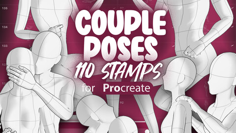 110 Manga Procreate Couple Poses Stamp Brushes | Anime Love Poses Stamps for Procreate | Procreate Croquis Poses Reference for Procreate