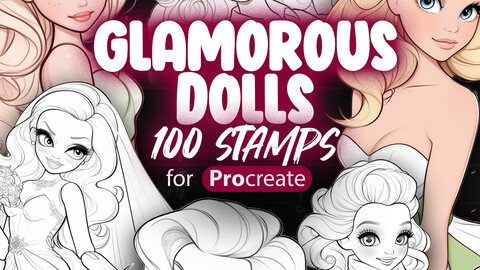 100 Procreate Cartoon Doll Stamps in different styles ready for Coloring | Procreate Fashion Doll Girl Stamps | Stylish Cartoon Girls