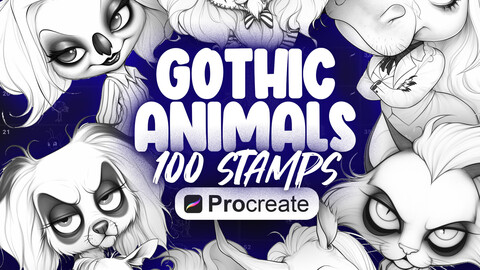 100 Procreate Gothic Animals Stamp Brushes | Procreate Dark Fantasy Creatures Stamps | Procreate Furry Animals Stamps | Procreate Anthro