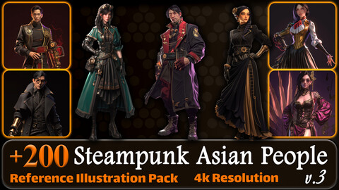 200 Steampunk Asian People Reference Pack | 4K | v.3