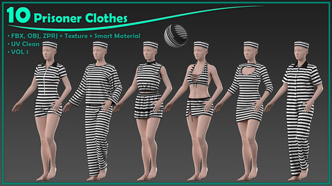 10 female prisoner clothes with texture and smart material/ zprj+obj+fbx+4K PBR+SPSM/ clo3d, marvelous designer