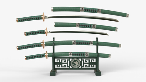 Green Double Bladed Katana Wakizashi and Stand