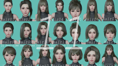 21 Real-time woman Hairstyles collection 11 hair stylized haircut head girl young female blonde brunette beautiful wig character hairstyle haircut human real time ingame lowpoly