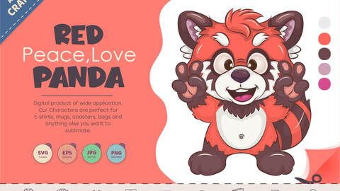 Cartoon Red Panda Peace, Love. T-Shirt, PNG, SVG.