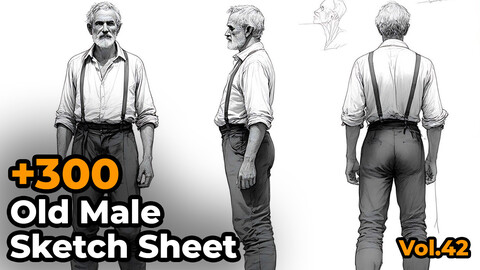 +300 Full body Old Male Sketch Sheet Reference Images(4k)