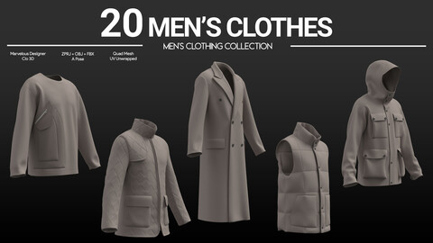 20 Men’s Clothes . Marvelous / CLO Project Files + OBJ + FBX