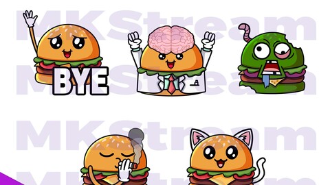 Twitch emotes cute burger bye, brain, zombie, smoking & cat pack